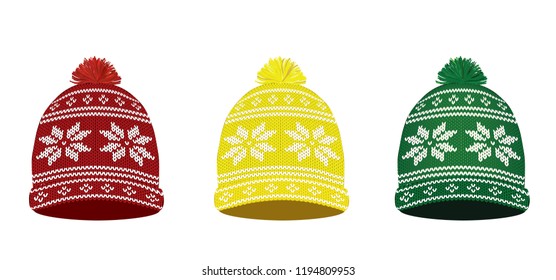 Knitted winter caps with Nordic pattern, vector