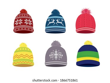 Knitted winter caps with Nordic pattern, vector