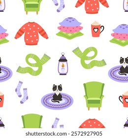 knitted winter clothes and interior decor, seamless pattern with cozy elements like armchair, scarf, sweater, lantern with candle, cat on rug and socks, perfect for textiles or winter design