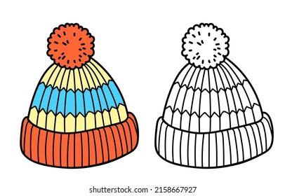 Knitted winter clothes, vector flat illustration. Winter coloring page for kids