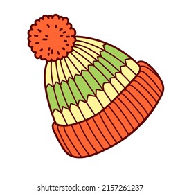 Knitted winter clothes, vector illustration. Hat with pompom