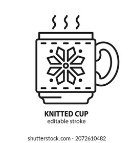 Knitted winter cup of hot drink vector illustration. Symbol of christmas. Editable stroke.