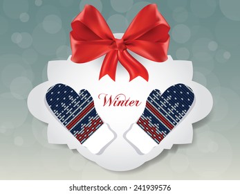 Knitted winter gloves on gift card with red bow, vector