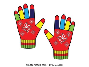 Knitted winter gloves with snowflakes isolated on white background. Gloves with multicolored fingers