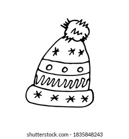 Knitted winter hat with a fluffy pompom. Hand drawing, doodle. Vector.