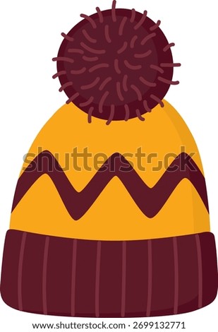 Knitted winter hat with pom-pom and decorative pattern. Seasonal fashion beanie isolated on white backdrop