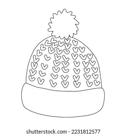 Knitted winter hat with pompom, doodle style flat vector outline for kids coloring book