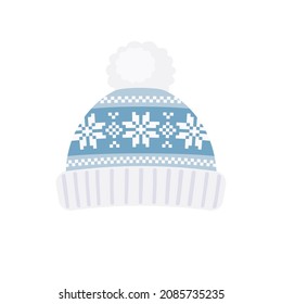 Knitted winter hat with pompon in flat style. Vector illustration isolated on white background