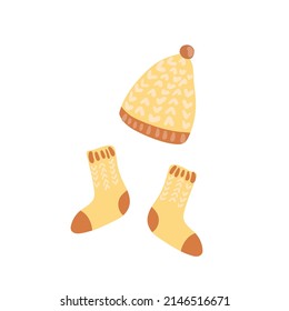 Wintermütze und Socken geknetet. Warme Kleidung. Handgezeichnete Vektorgrafik von Socken und Hut.