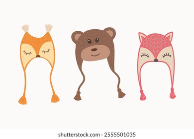 Knitted winter hats in the form of a bear, fox and owl. Vector bright hats, winter and autumn accessories. Hats with earflaps with a bear, an owl and a fox. Children's clothing. A symbol of Christmas 