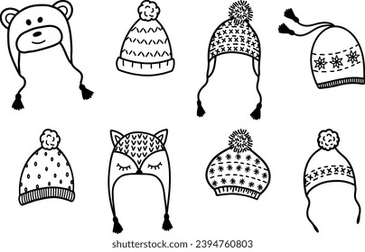 Knitted winter hats in the form of an owl, a bear and a fox. A set of vector icons of warm hats, winter and autumn accessories. Collection of hats with earflaps with animals. Children's clothing. Vect