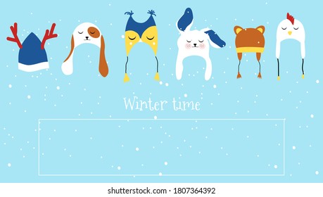 Knitted winter hats in the form of puppy,hare,deer with horns,owl,chicken.Warm headwear, autumn accessories vector icons set.Animals beanies earflaps collection.Childish clothing.Promo sale flyer