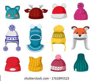 Knitted winter hats. Kids knit warm headwear, autumn and winter accessories isolated vector illustration icons set. Winter hat and clothing, wear apparel, childish accessory headwear