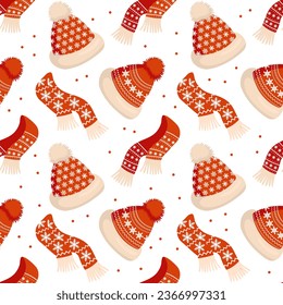 Knitted winter hats and scarves with snowflake ornament on a white background. Christmas print, background, vector	
