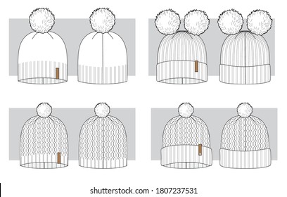 Knitted winter hats set of technical sketches. Vector illustration.