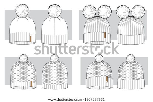 Knitted winter hats set of technical\
sketches. Vector\
illustration.