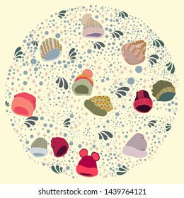 Knitted winter headwear circle shape border on yellow background. Poster, card, web, banner design element. Vector