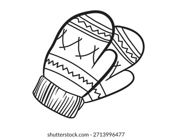 A knitted winter mittens with a pattern. Traditional warm hand clothes. Hand-drawn Vector illustration isolated on white background