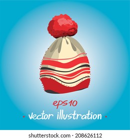 Knitted winter red cap with pompom. Vector illustration eps 10.