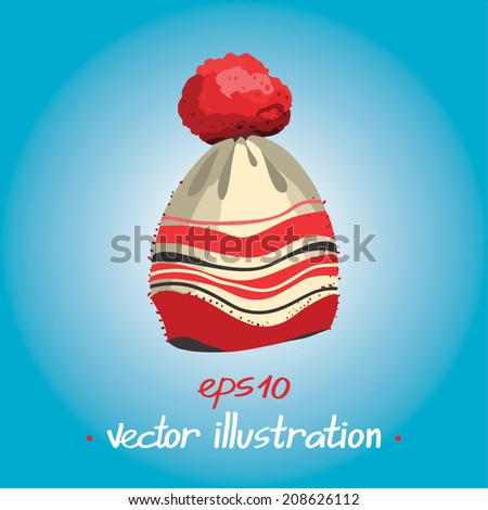 Knitted winter red cap with pompom. Vector illustration eps 10.