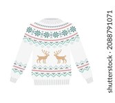 Knitted winter sweater with snowflakes and deers. Vector flat illustration isolated on white background