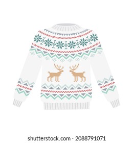 Knitted winter sweater with snowflakes and deers. Vector flat illustration isolated on white background