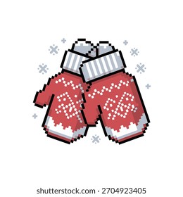 Knitted winter sweaters pair, pixel art pattern, red and white ornaments, cozy warm clothing graphic, festive holiday illustration
