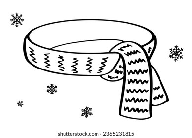 Knitted winter tied scarf. Doodle outline fashionable outwear clothes for cozy fall poster, market, online shop, season sale designs. Vector illustration isolated on white.