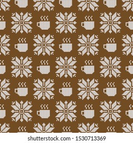 Vetor de inverno tricotado padrão decorativo sem costura xícaras de chá ou café quentes
