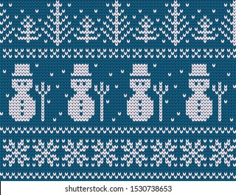 Knitted winter vector seamless decorative pattern snowmen