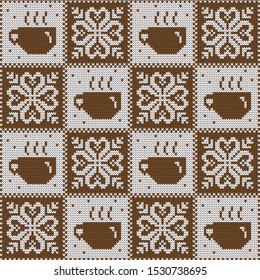 Knitted winter vector seamless decorative pattern hot tea or coffee cups