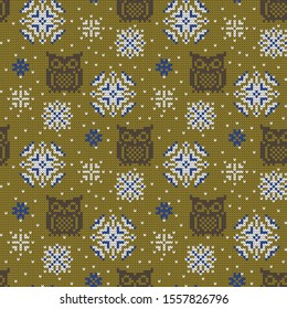 Knitted winter vector seamless decorative pattern owls