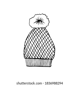 Sombrero de lana de invierno de punto con pompom. Pintura de dibujos a mano aislada en fondo blanco. Ilustración de material vectorial. Decoración de vacaciones.