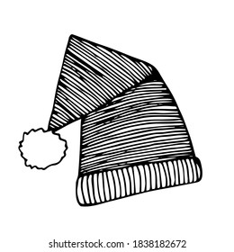 Knitted winter wool hat with pompom. Hand drawn clip art isolated on white background. Vector stock illustration. Christmas Santa hat.