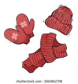 Knitted wollen hat, mittens and scarf, color vector illustration
