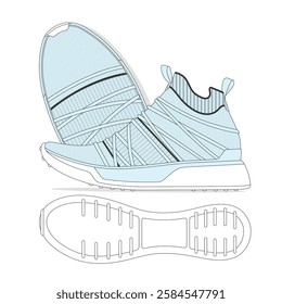 Knitted women sneakers vector design mockup template technical flat sketch.
