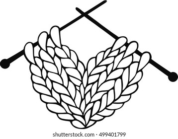 Knitted wood heart on needles. Black and white vector illustration isolated on white. Excellent design element for your Valentine cards, flyers and posters.