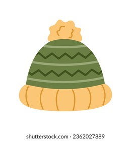 Knitted wool green hat with yellow pom pom. Hand-drawn element of winter warm clothing. Flat vector illustration isolated on white background.