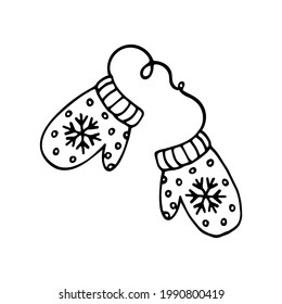 Gezwirnte Wolle fliegt Handschuhe auf Seil mit Schneeflocken, Umriss-handgezeichnet Vektorklammer Kunst.