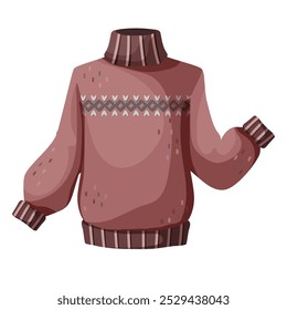 Knitted wool sweater with fashionable pattern on white background. Warm clothes for cold weather. Vector illustration of cozy modern pullover, jersey