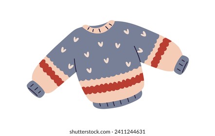 Knitted wool sweater. Warm soft woolen pullover. Winter clothes, knitwear with print, pattern. Cozy garment for cold weather, season. Flat vector illustration isolated on white background