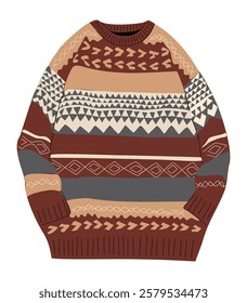 Knitted wool sweater. Warm soft woolen pullover. Winter clothes, knitwear with scandinavian pattern. Cozy garment for cold weather, season. Flat vector illustration isolated on white background