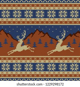 Knitted wool tapestry with deers on a background of mountains, starry sky and spruce forest