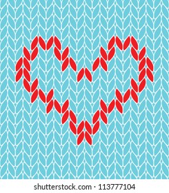 Knitted wool vector background with heart. Abstract seamless pattern.