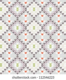 Knitted wool vector background. Seamless pattern with heart.