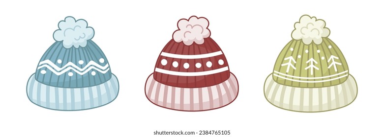 Knitted woolen beanie set. Winter hats. Isolated vector.