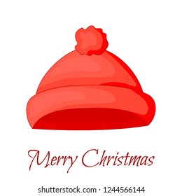Knitted woolen cap. Winter seasonal red hat. Vector illustration isolated on white background.