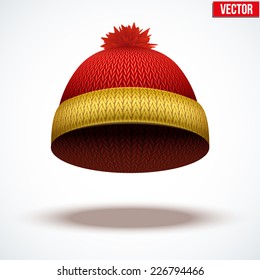 Knitted woolen cap. Winter seasonal colorful hat. Vector illustration isolated on white background.