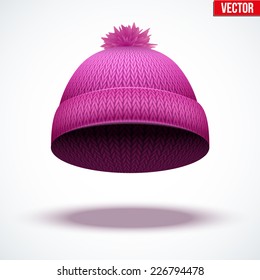 Knitted woolen cap. Winter seasonal pink hat. Vector illustration isolated on white background.