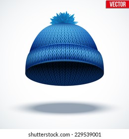 Knitted woolen cap. Winter seasonal blue hat. Vector illustration isolated on white background.